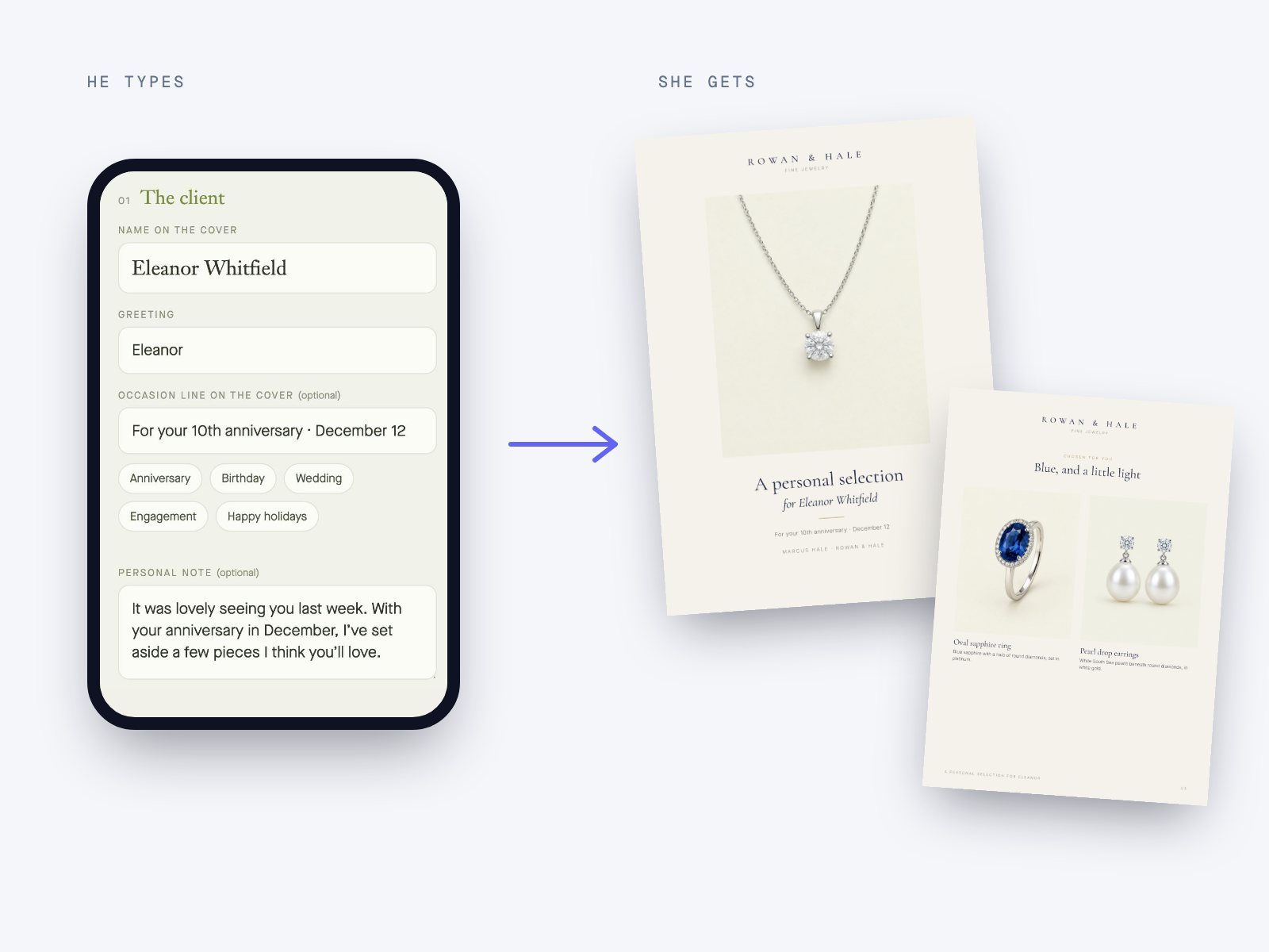 Left, a phone form with a client's name, an anniversary line and a personal note. Right, the PDF it produces: a cover reading A personal selection for Eleanor Whitfield, and a page of jewelry picked for her.