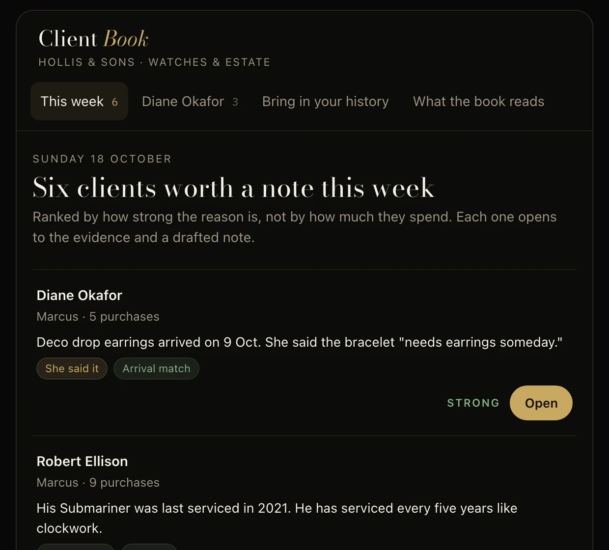 The Client Book owner's view: six clients worth a note this week, each with the reason the book picked them — a piece she said she wanted, a watch due for service — and a strength rating.