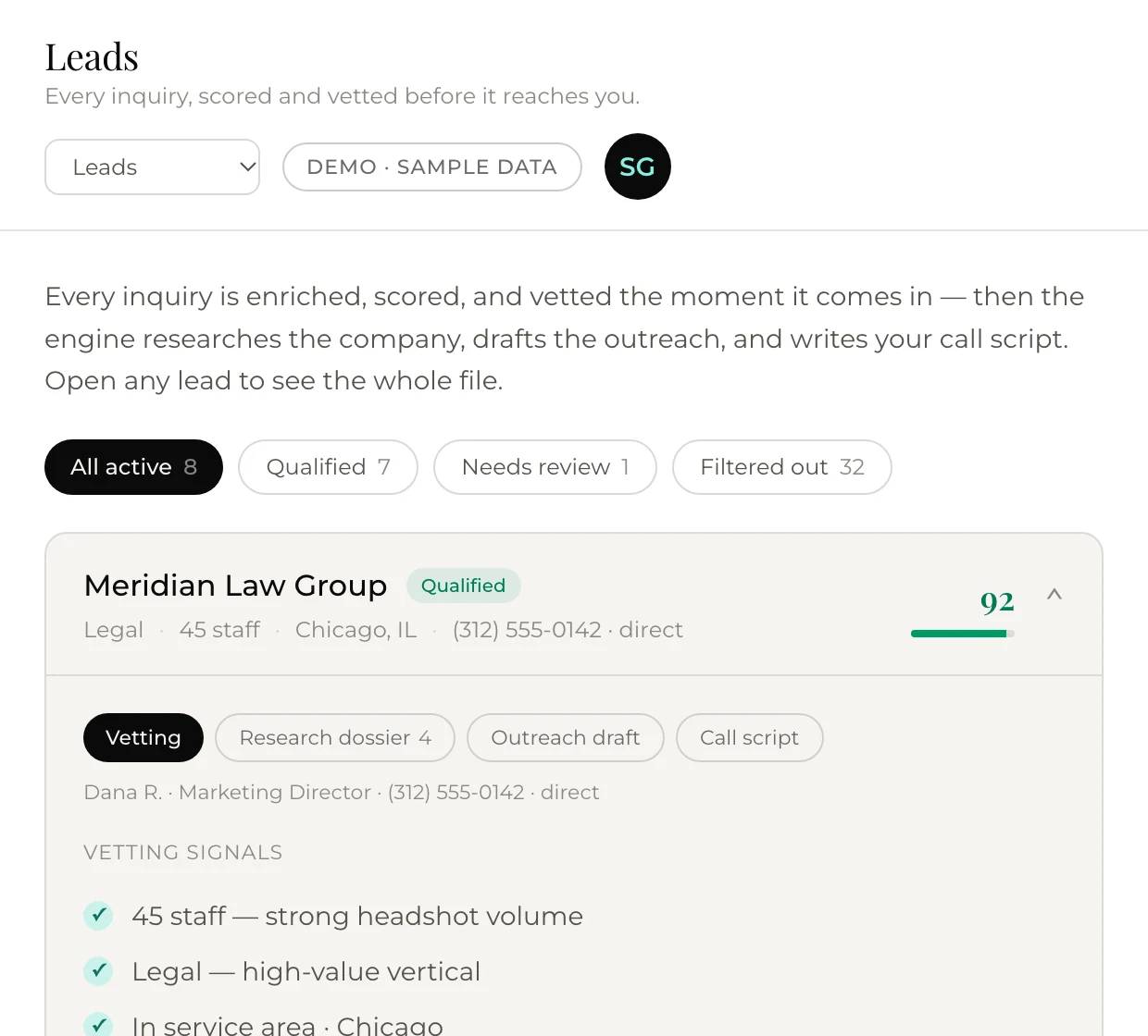 The prospect engine's leads view: eight active leads split into qualified, needs review and filtered out. One is open at a fit score of 92, showing its vetting signals and the engine's verdict.
