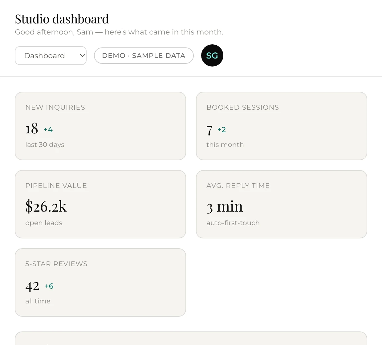 A studio's client dashboard: new inquiries, booked sessions and pipeline value across the top, then a pipeline table of clients, services and stages from booked to new inquiry.