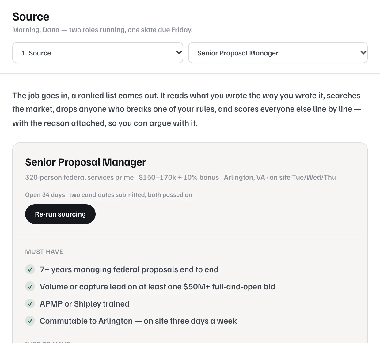 A recruiting engine sourcing a Senior Proposal Manager role, showing the must-haves, nice-to-haves and dealbreakers it is scoring candidates against.