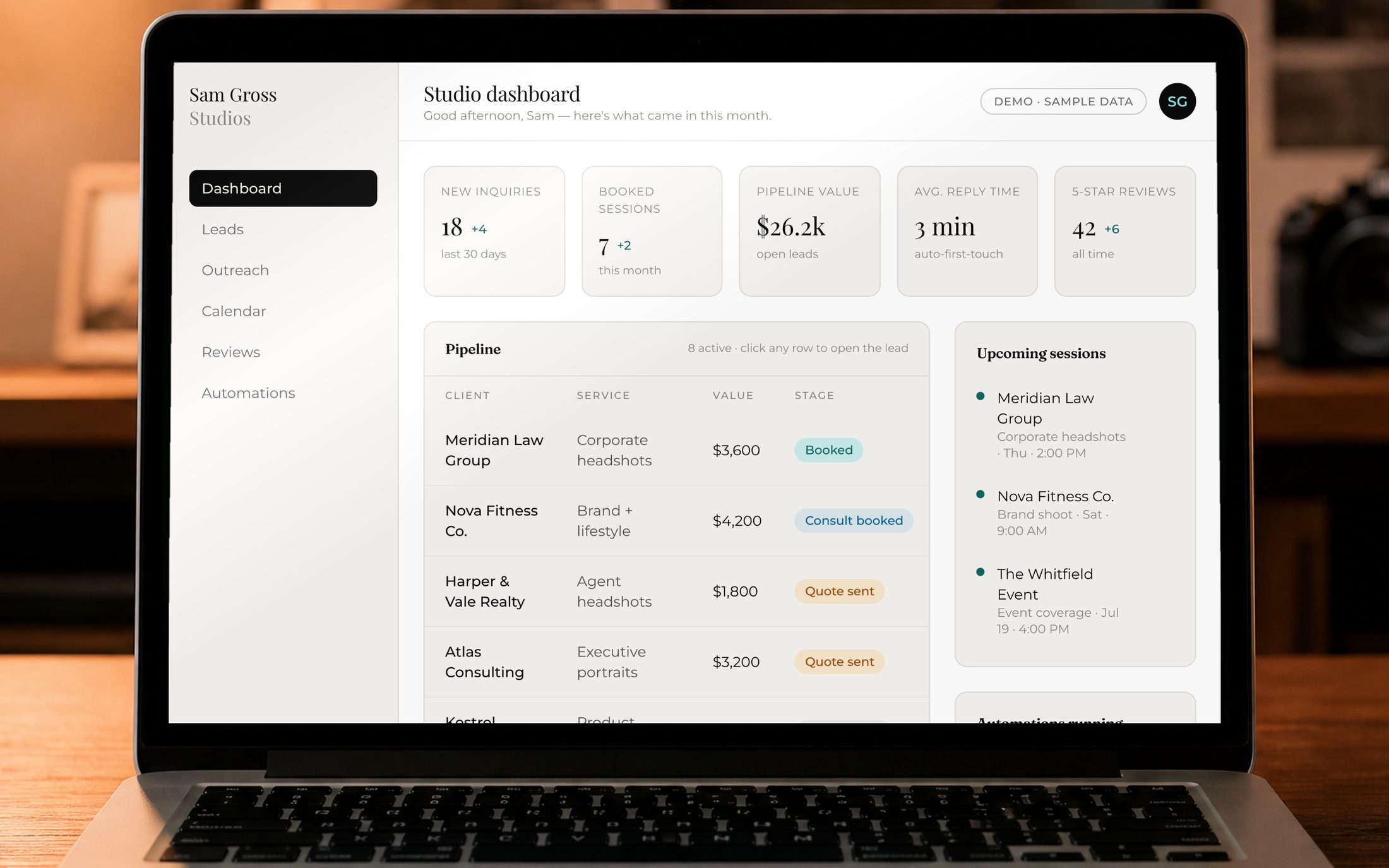 The Sam Gross Studios dashboard on a laptop — sample data